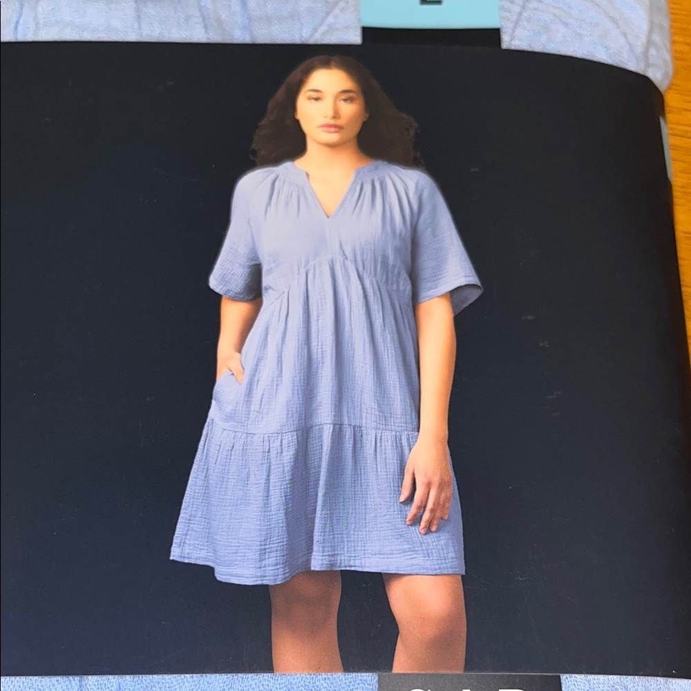 GAP Blue Gauze Dress 100% Cotton Tiered Short Sleeve With Pockets Womens Large